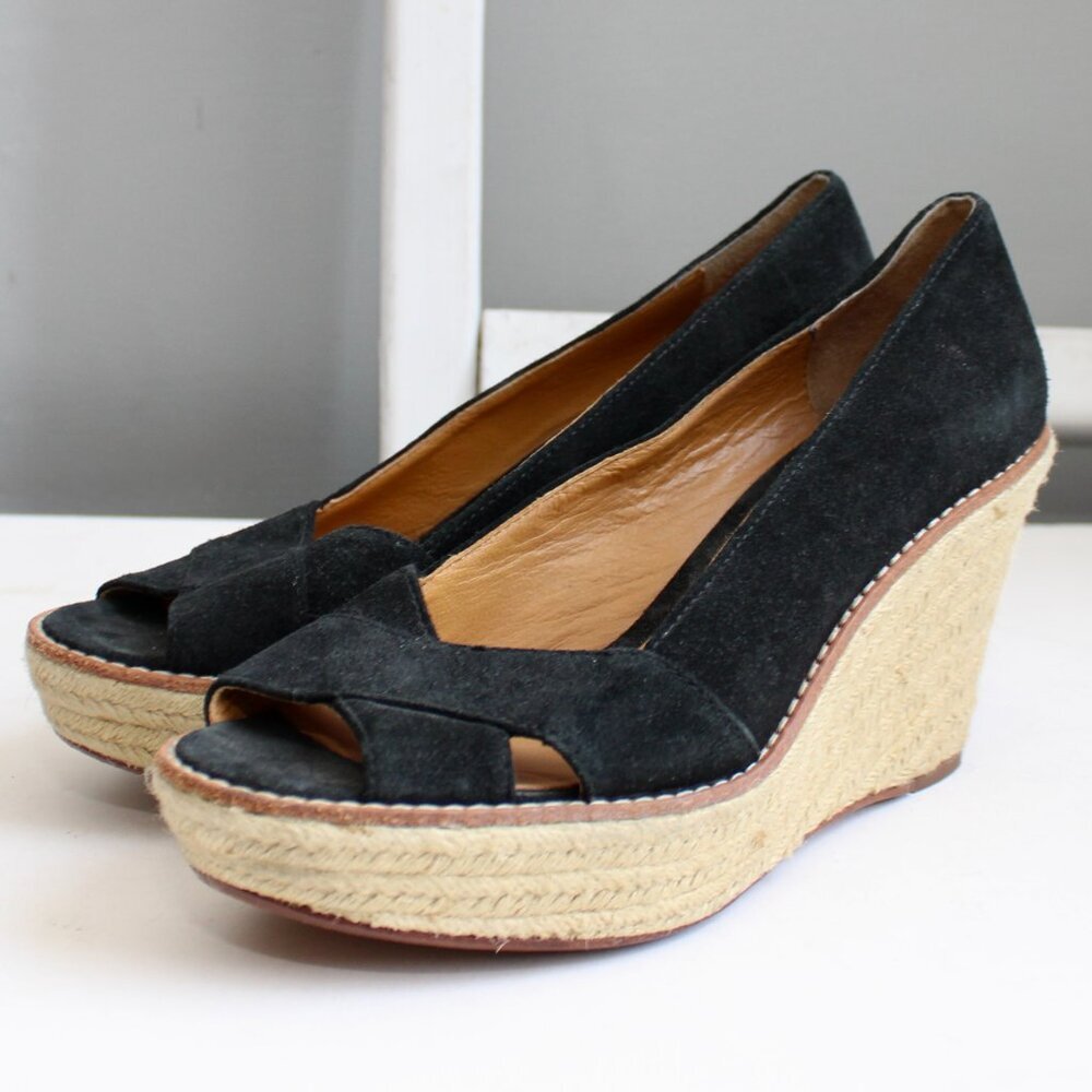 KORS Michael Kors Black Suede Platform Wedge Espadrille Open-Toe Heels Size 8.5 - Picture 2 of 6
